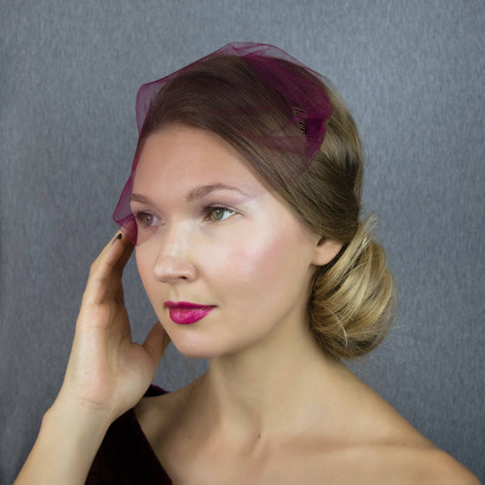 Burgundy Birdcage veil / russian veil / elegant , simple and classical bridal veil birdcage headpiece clip fix / couture bride purple red