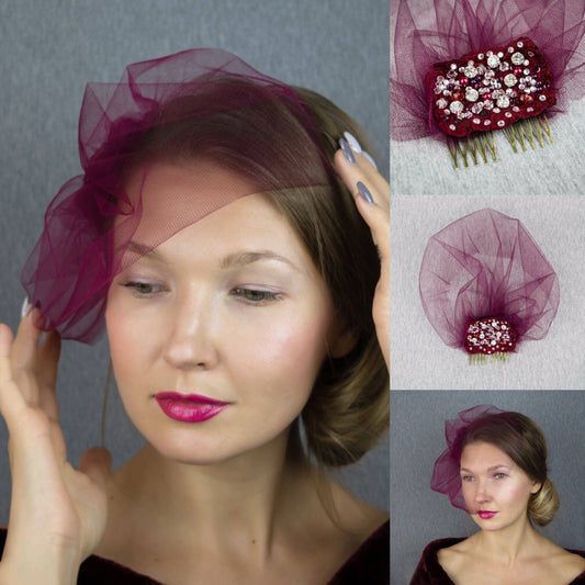 Burgundy Birdcage veil / russian veil / elegant , simple and classical bridal veil birdcage headpiece clip fix / couture bride purple red