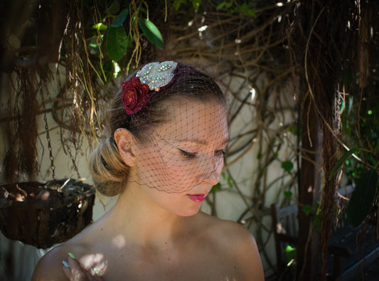 Burgundy Birdcage veil / russian veil / elegant , simple and classical bridal veil birdcage headpiece clip fix / couture bride purple red