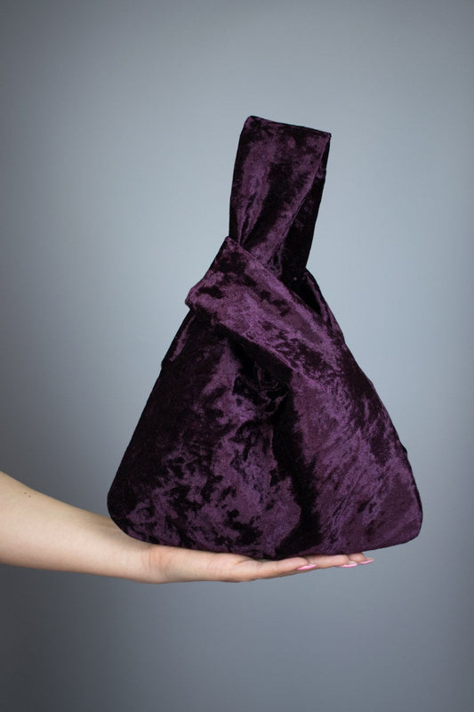 Japanese knot bag purse clutch wine velvet wedding, party, Christmas gift, simple and elegant bag, crushed velvet purple prom purse