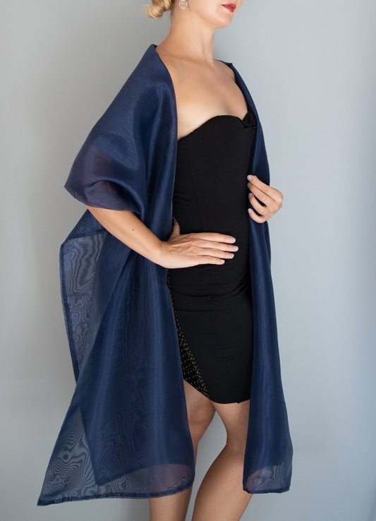 Large double Organza wrap shawl, plus size wedding shrug,large scarf, navy blue wrap, navy blue shrug, woman evening wrap, bridesmaids wrap