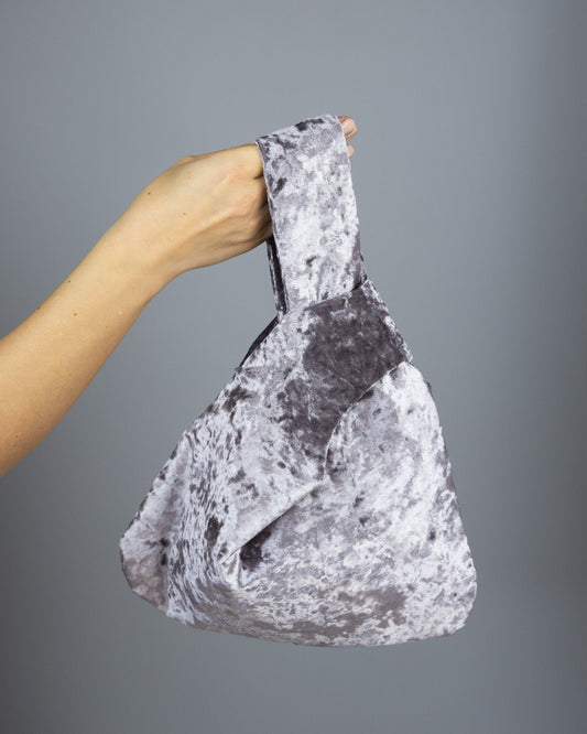 Japanese knot bag purse clutch smoke grey silver crushed velvet wedding, party bag, marble velvet bag, silver grey purse, silver grey prom