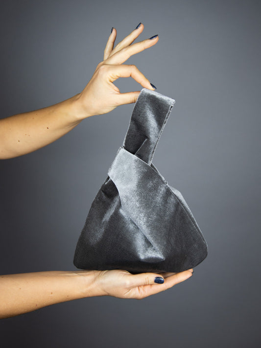 Japanese knot bag purse clutch grey velvet wedding, party, chrismtas gift, simple and elegant silver bag, silver grey clutch, prom purse