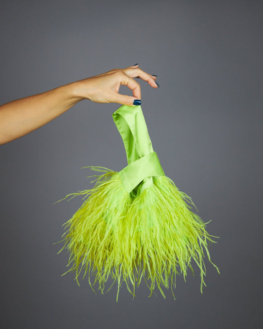 Japanese knot bag feathers purse feathers clutch neon green bag unique wedding bag party clutch evening bag feathers bag green bag prom bag