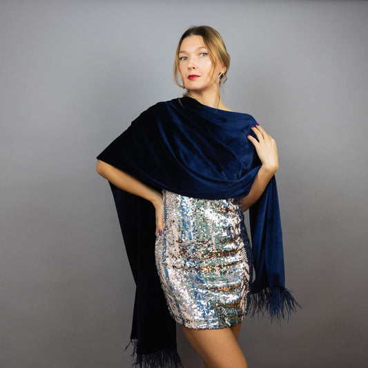 Ostrich feathers Velour Velvet wrap shawl bolero Winter wedding shrug, navy velvet, bridesmaids wrap, navy blue velvet shrug, black velvet