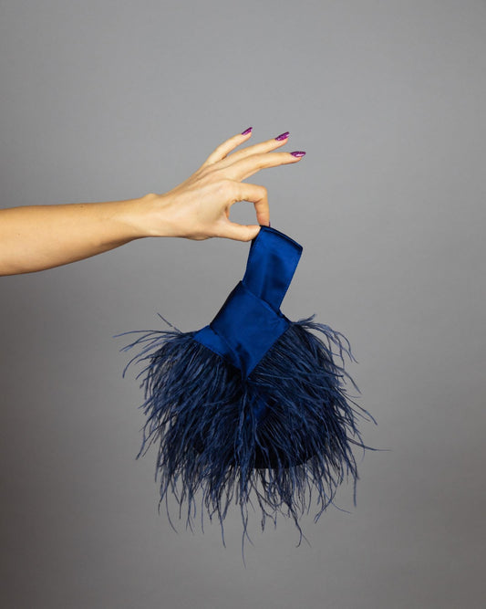 Ostrich feathers Japanese knot satin bag, feathers purse, navy blue bag, wedding bag, party bag,navy purse, bridesmaids gift bag, blue bag