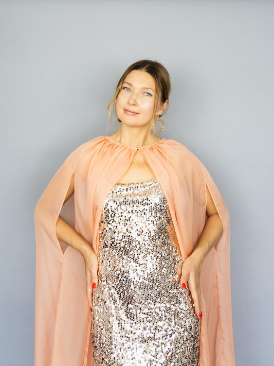 Long cape chiffon cape peach cape bridal cape sheer cape long chiffon cape pink cape long capelet woman cape bridal sheer cape costume cape