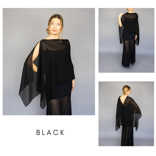 Black capelet black chiffon shrug black Greek style wrap sheer Greek cape sheer scarf black cape bridesmaids elegant wrap black sheer cape