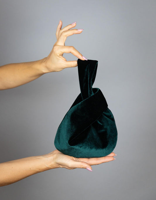 Japanese knot bag green clutch green velvet bag green wrist bag small green velvet prom purse woman small green bag christmas gift idea