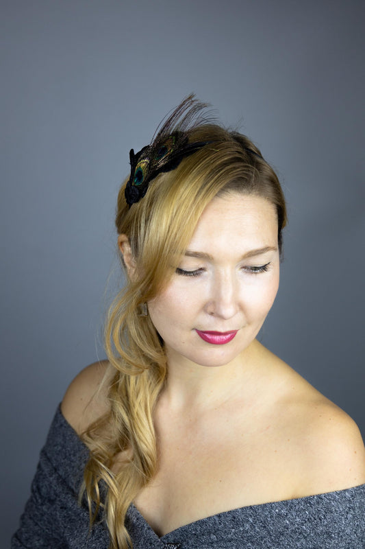 Peacock feathers headband, headband couture classical bridal headpiece diadema , elegant and simple , flower motive lace , feather headband