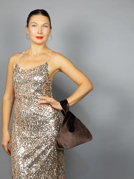 Brown japanese knot bag purse clutch brown velvet wedding, party, bridal, special occasion, simple and elegant velvet bag, brown prom purse