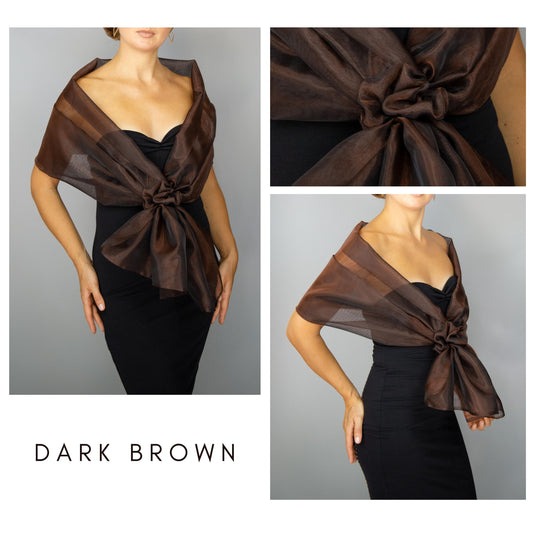 Dark brown organza wrap brown pull through wrap brown shawl brown bridesmaid shawl brown organza scarf brown loop wrap woman organza shrug