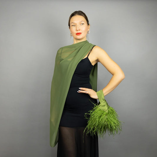 Pistacho chiffon sheer cape with japanese knot bag feathers, pistacho green shawl and ostrich feathers bag, wrap and purse set