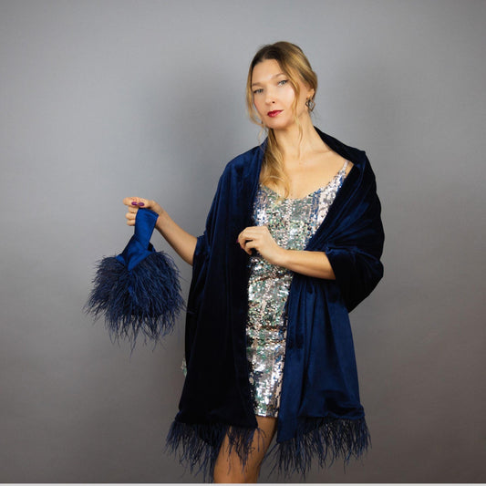 Ostrich feathers Velour Velvet wrap winter wedding shrug navy velvet bridesmaids wrap navy japanese knot bag feathers bag feathers shawl