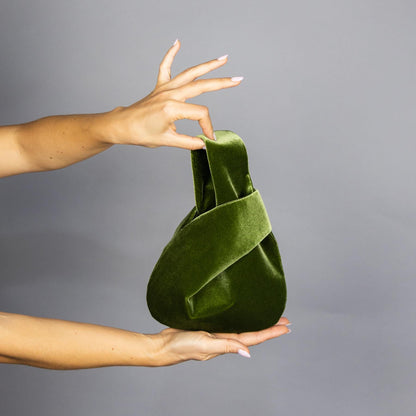 Japanese knot bag green clutch green velvet bag green wrist bag small green velvet prom purse woman small green bag christmas gift idea
