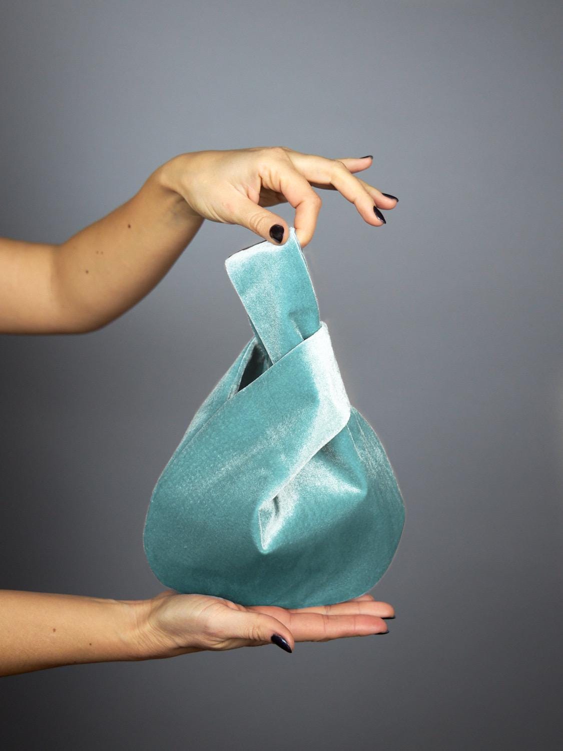 Japanese knot bag green clutch green velvet bag green wrist bag small green velvet prom purse woman small green bag christmas gift idea