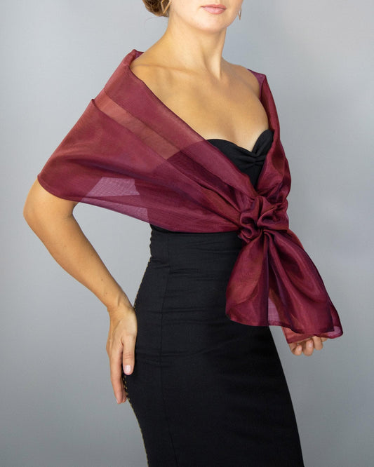 Burgundy organza wrap burgundy pull through loop burgundy bridesmaid shawl burgundy organza scarf burgundy loop wrap woman organza shrug
