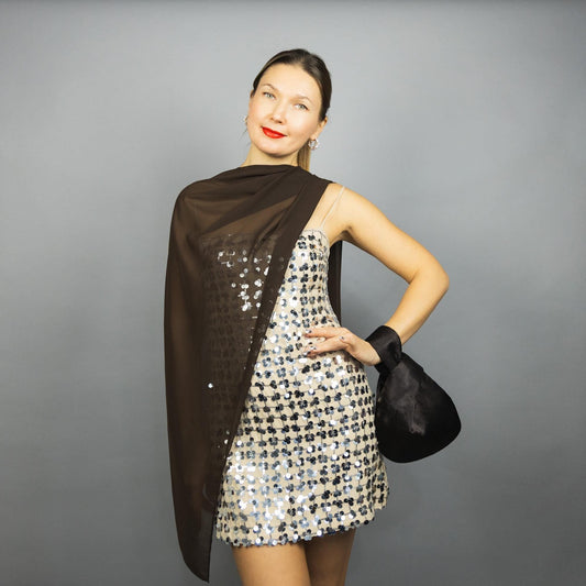 Dark brown sheer chiffon cape with matching japanese knot satin bag purse, wedding bag and shawl, party bag, special occasion, elegant bag